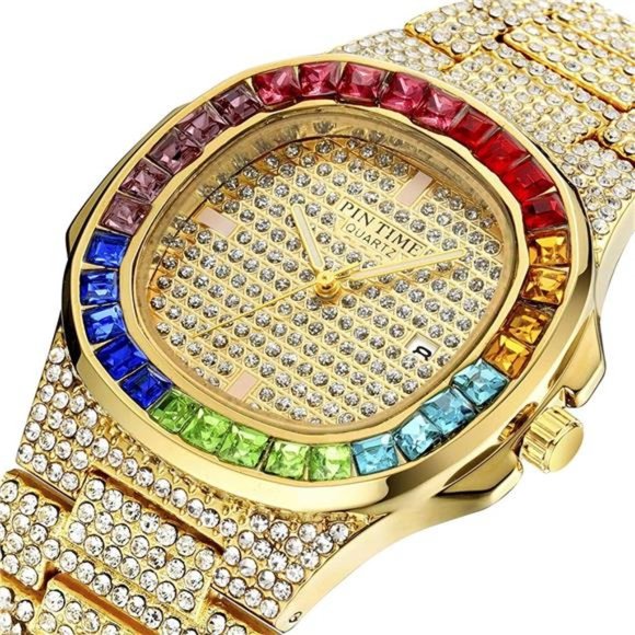 Luxury Bling-ed Out Colorful Diamond Watches Quartz Analog Stainless Steel Band - Picture 4 of 5